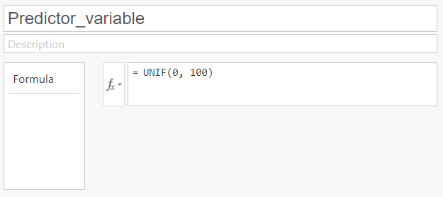 Jamovi dialog box for creating a new variable.  Title is "predictor_variable".  Formula is "UNIF(0,100)"